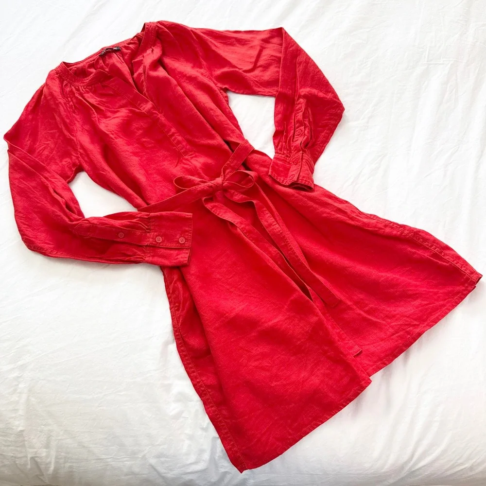 J.Crew Cabana Red Linen Belted Mini Dress Size Small Tall